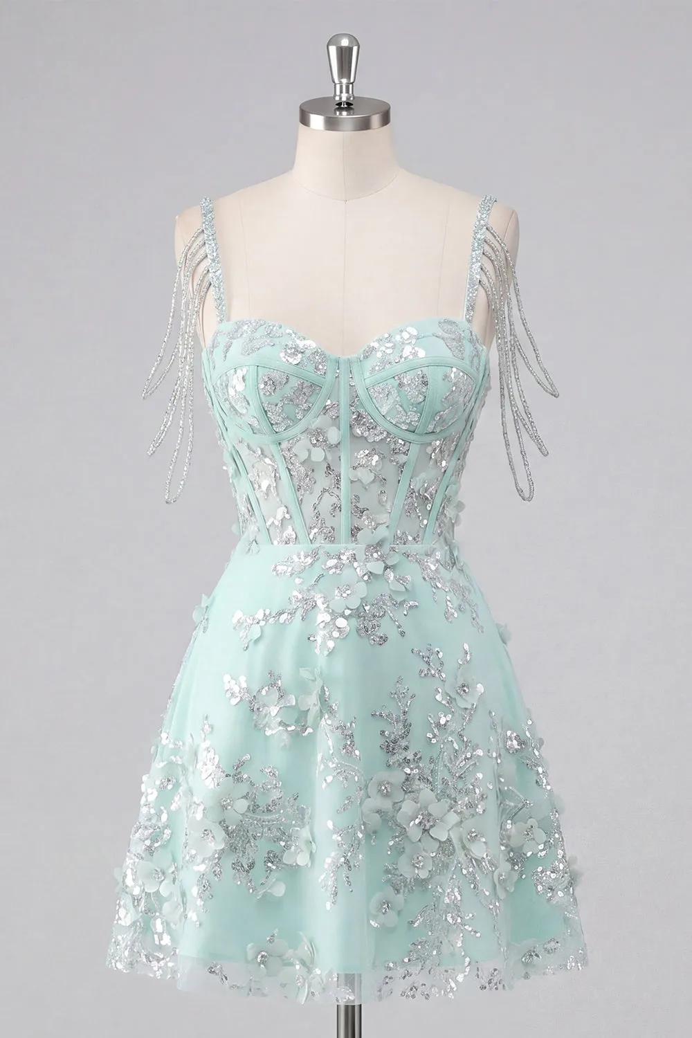 Off the Shoulder A-Line Corset Mint Floral Appliqued Homecoming Dress sold by Zapaka
