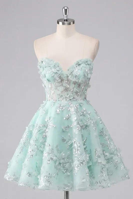 A-Line Mint Floral Sweetheart Corset Appliqued Homecoming Dress made by Zapaka