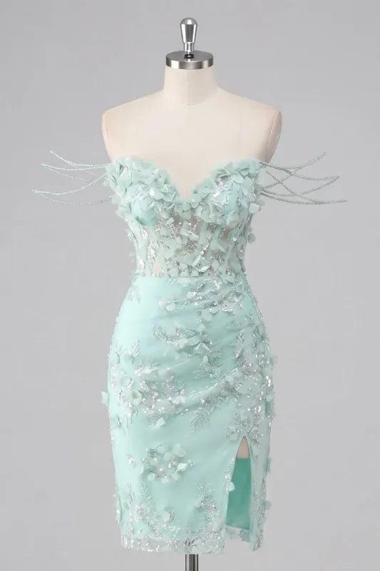 Mint Floral Off the Shoulder Corset Bodycon Appliqued Homecoming Dress with Slit made by Zapaka