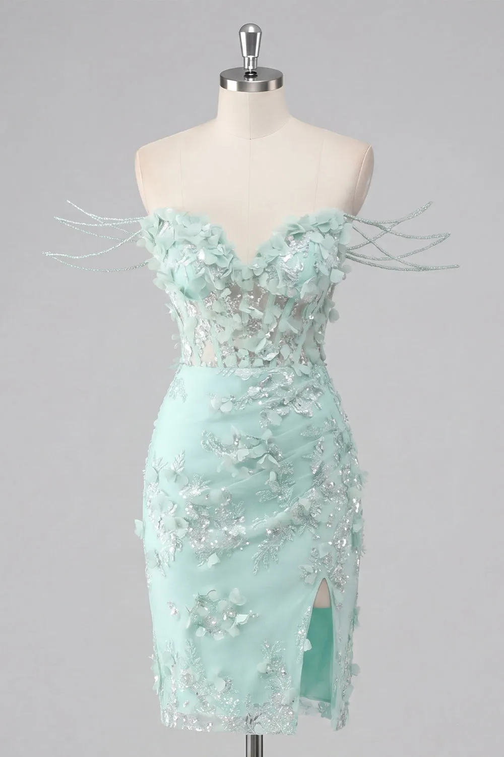 Mint Floral Off the Shoulder Corset Bodycon Appliqued Homecoming Dress with Slit sold by Zapaka