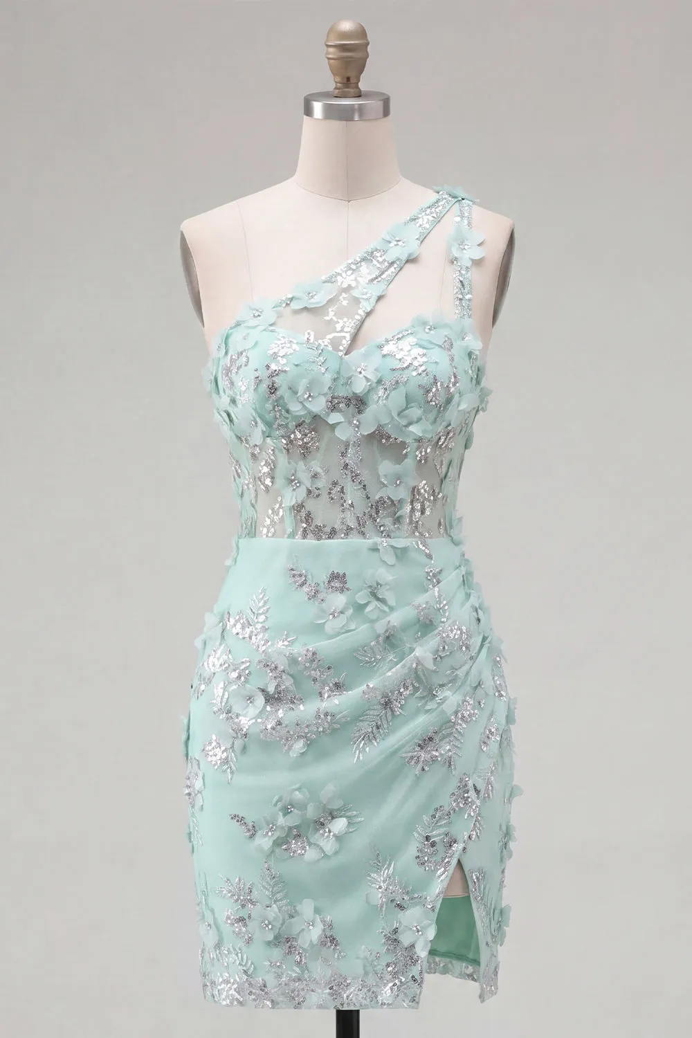 Mint One Shoulder Corset Floral Bodycon Appliqued Homecoming Dress with Slit sold by Zapaka