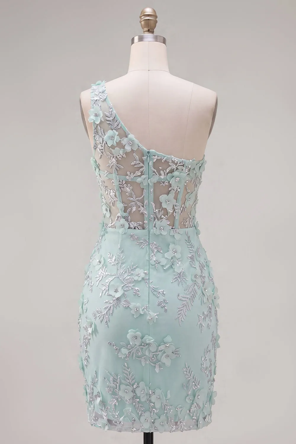 Mint One Shoulder Corset Floral Bodycon Appliqued Homecoming Dress with Slit sold by Zapaka product image thumbnail 2