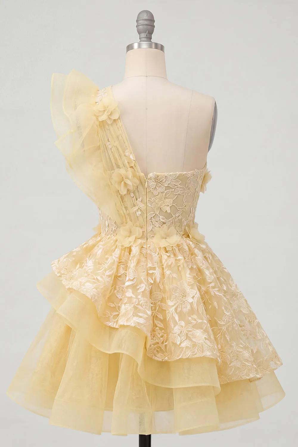 One Shoulder Butter Yellow Ruffled A-Line Floral Homecoming Dress sold by Zapaka product image thumbnail 2