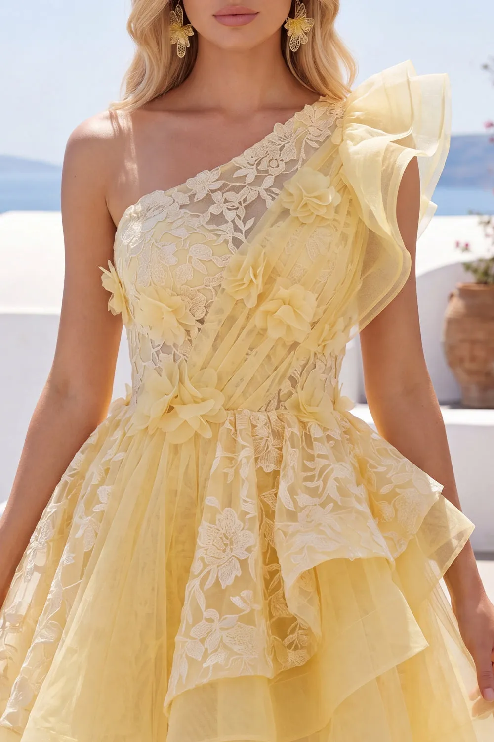 One Shoulder Butter Yellow Ruffled A-Line Floral Homecoming Dress sold by Zapaka product image thumbnail 5