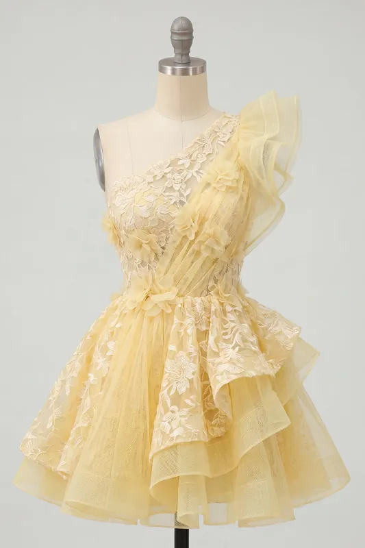 One Shoulder Butter Yellow Ruffled A-Line Floral Homecoming Dress made by Zapaka