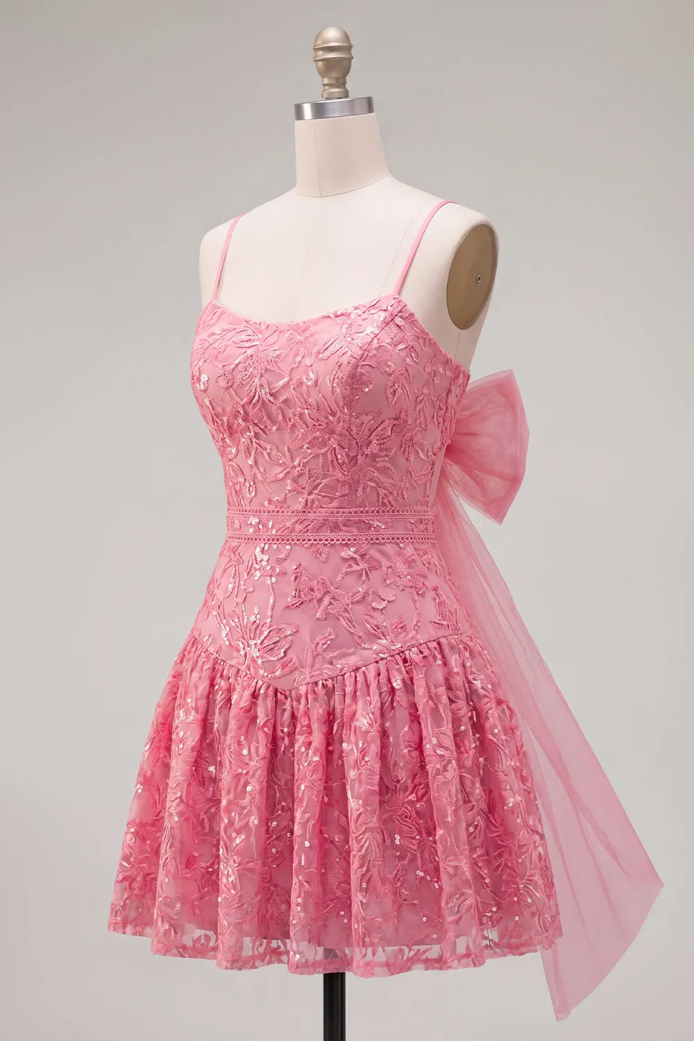 Hot Pink A-Line Spaghetti Straps Floral Homecoming Dress with Bow sold by Zapaka product image thumbnail 3