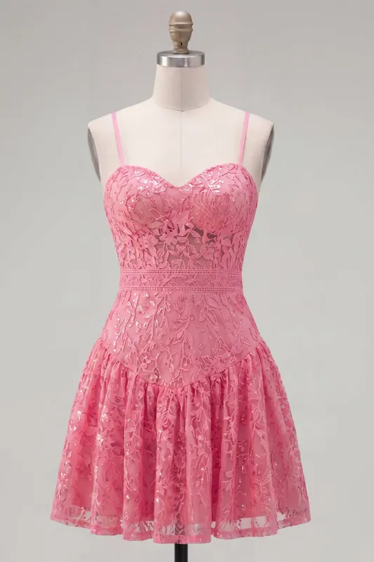 Hot Pink A-Line Spaghetti Straps Floral Homecoming Dress with Bow made by Zapaka