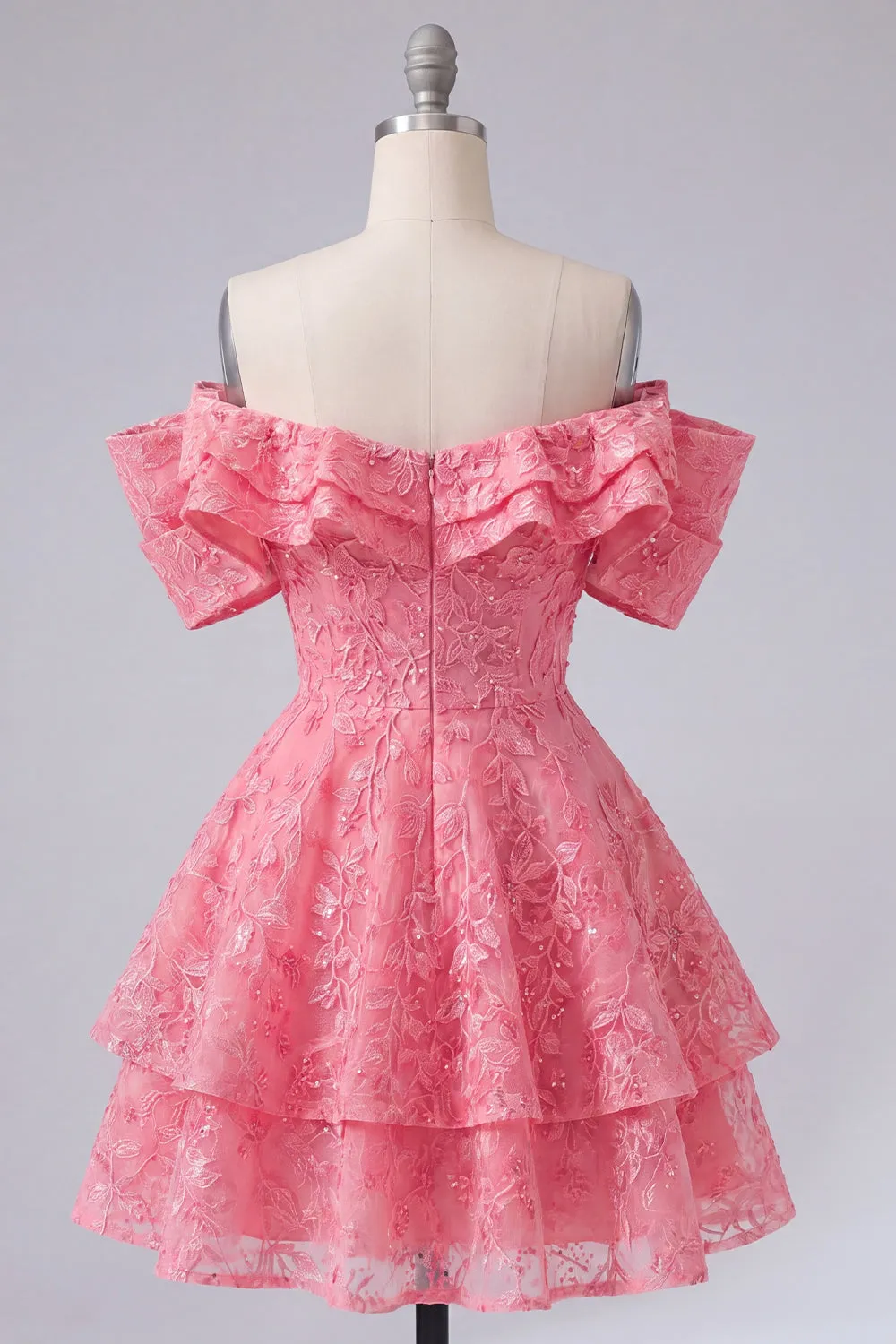 Off the Shoulder Hot Pink A-Line Floral Ruffled Homecoming Dress with Beading sold by Zapaka product image thumbnail 2