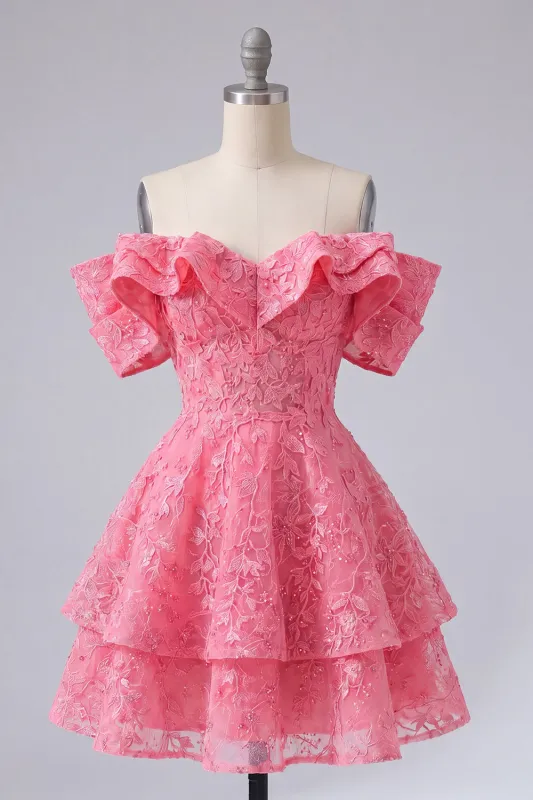 Off the Shoulder Hot Pink A-Line Floral Ruffled Homecoming Dress with Beading made by Zapaka