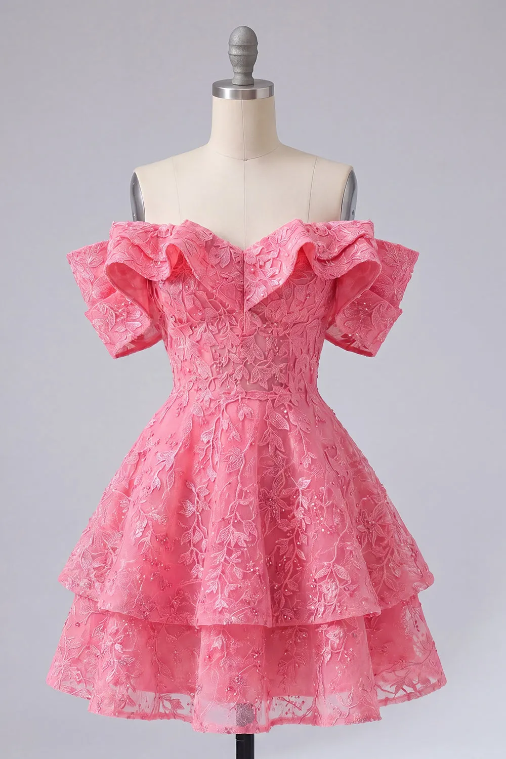 Off the Shoulder Hot Pink A-Line Floral Ruffled Homecoming Dress with Beading sold by Zapaka