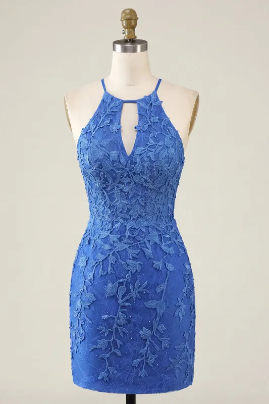 Royal Blue Floral Bodycon Halter Neck Homecoming Dress with Beading made by Zapaka