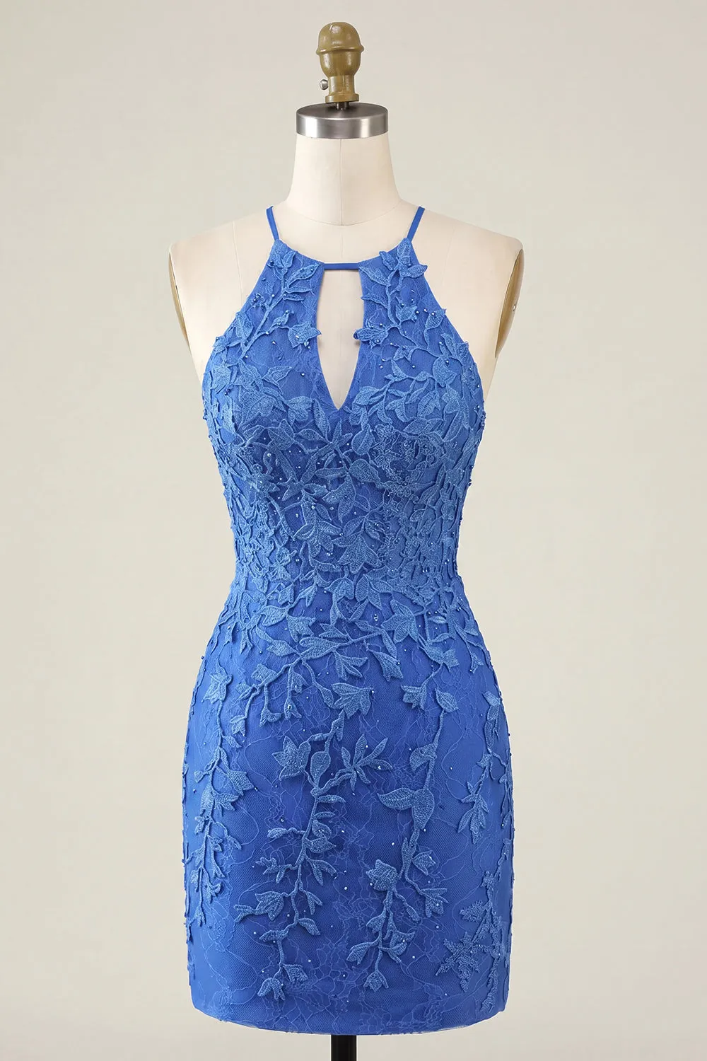 Royal Blue Floral Bodycon Halter Neck Homecoming Dress with Beading sold by Zapaka