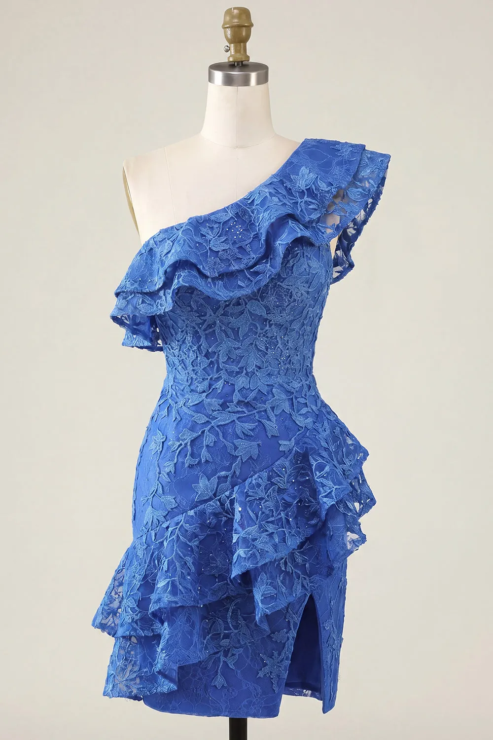 One Shoulder Royal Blue Bodycon Floral Beaded Ruffled Homecoming Dress with Slit sold by Zapaka