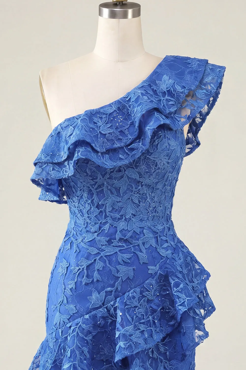 One Shoulder Royal Blue Bodycon Floral Beaded Ruffled Homecoming Dress with Slit sold by Zapaka product image thumbnail 5