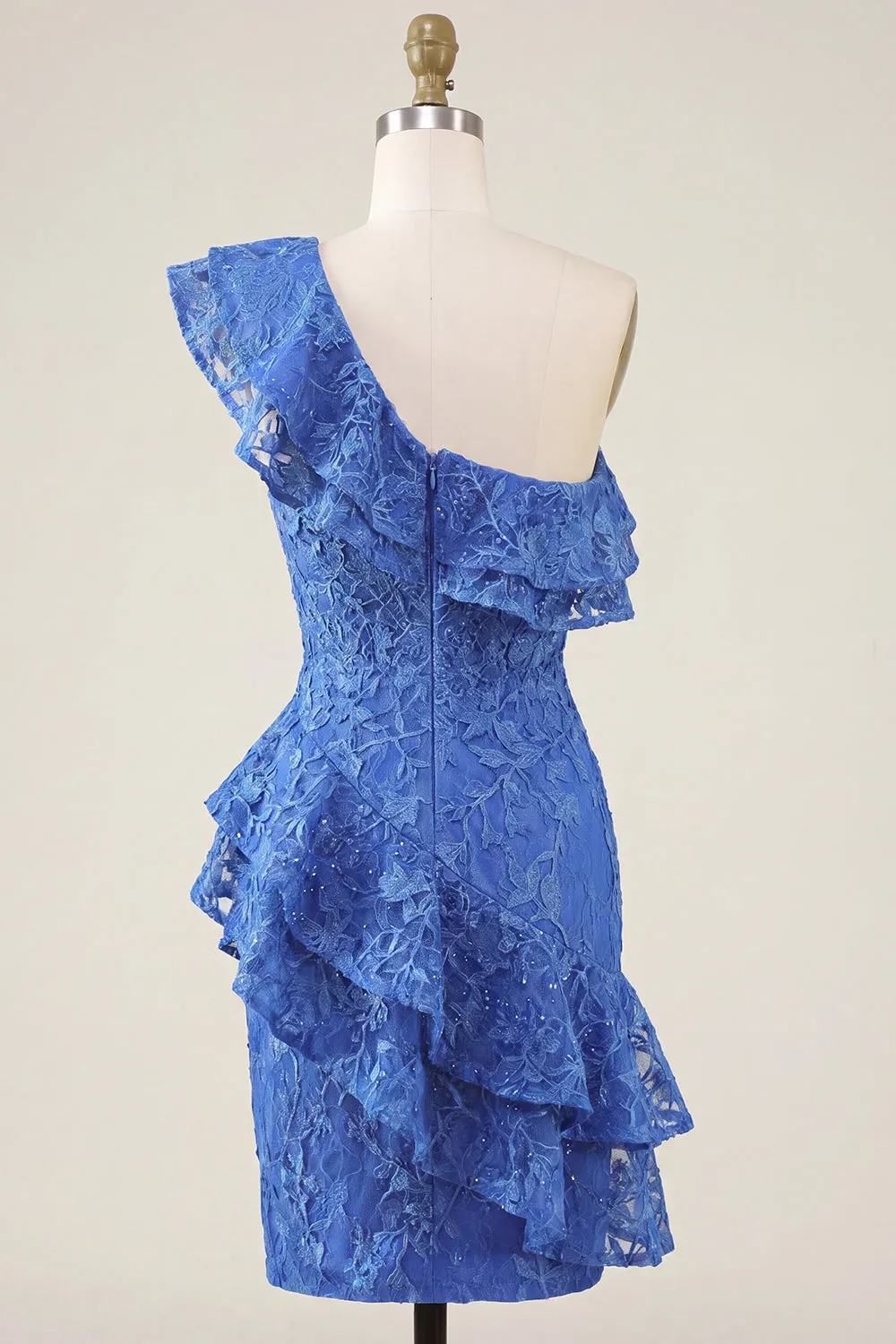 One Shoulder Royal Blue Bodycon Floral Beaded Ruffled Homecoming Dress with Slit sold by Zapaka product image thumbnail 2
