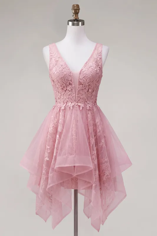 A-Line Pink V-Neck Tulle Floral Homecoming Dress made by Zapaka