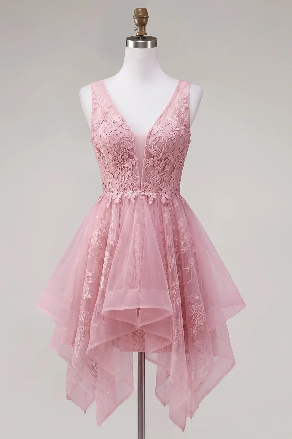 A-Line Pink V-Neck Tulle Floral Homecoming Dress sold by Zapaka