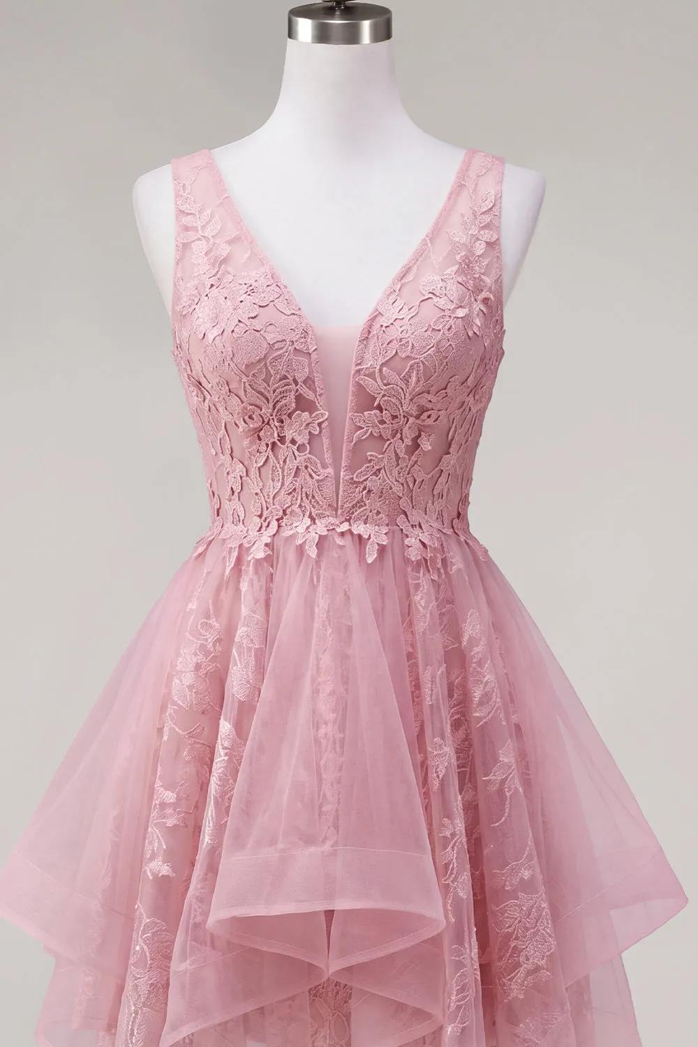 A-Line Pink V-Neck Tulle Floral Homecoming Dress sold by Zapaka product image thumbnail 5