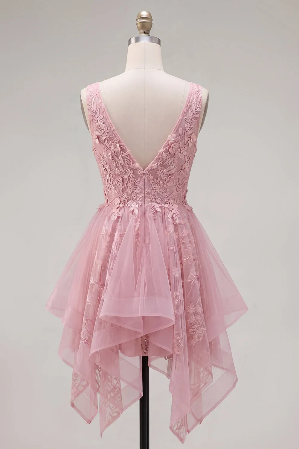 A-Line Pink V-Neck Tulle Floral Homecoming Dress sold by Zapaka product image thumbnail 2