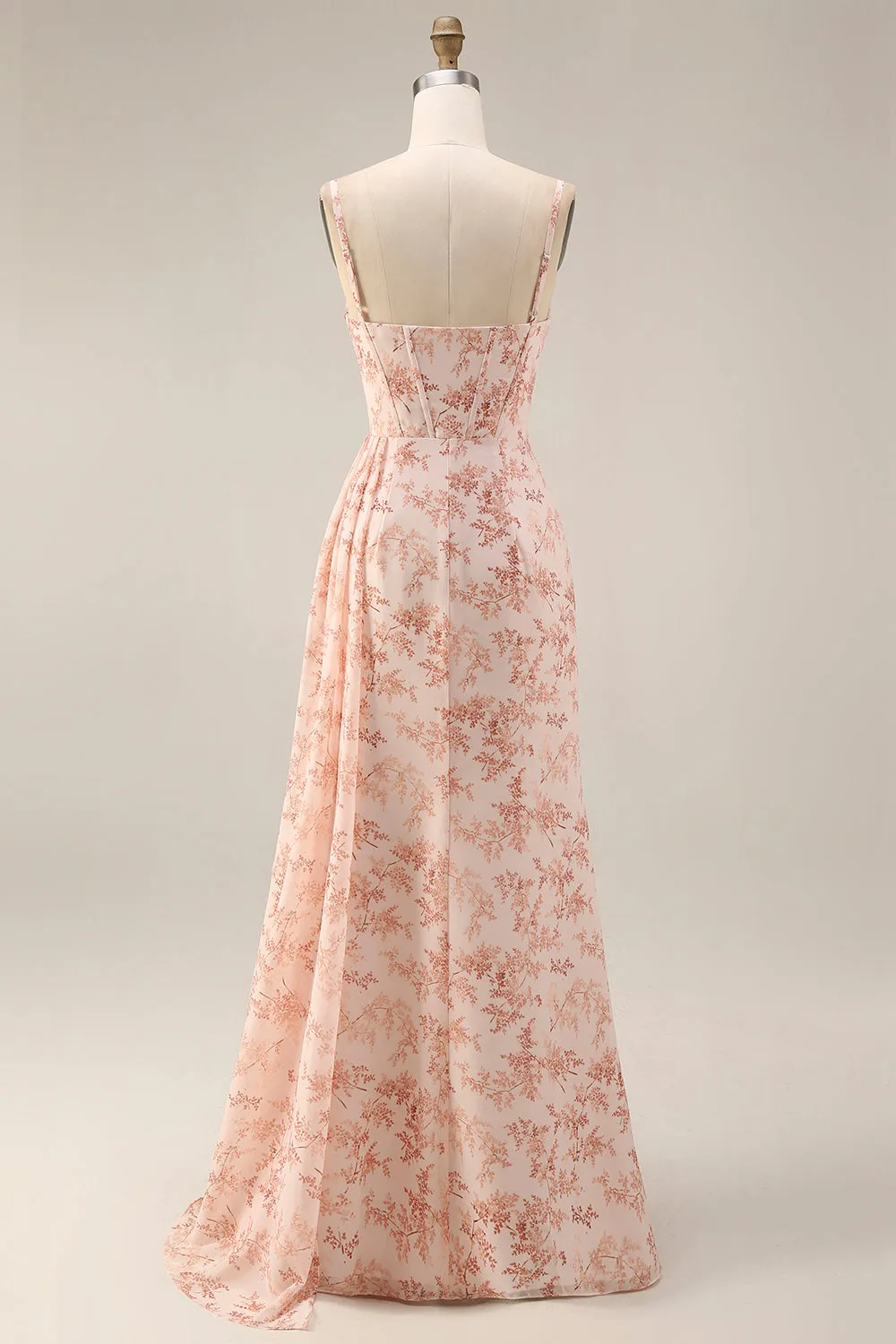 Pink Mermaid Corset Ruched Chiffon Long Floral Bridesmaid Dress with Slit sold by Zapaka product image thumbnail 2