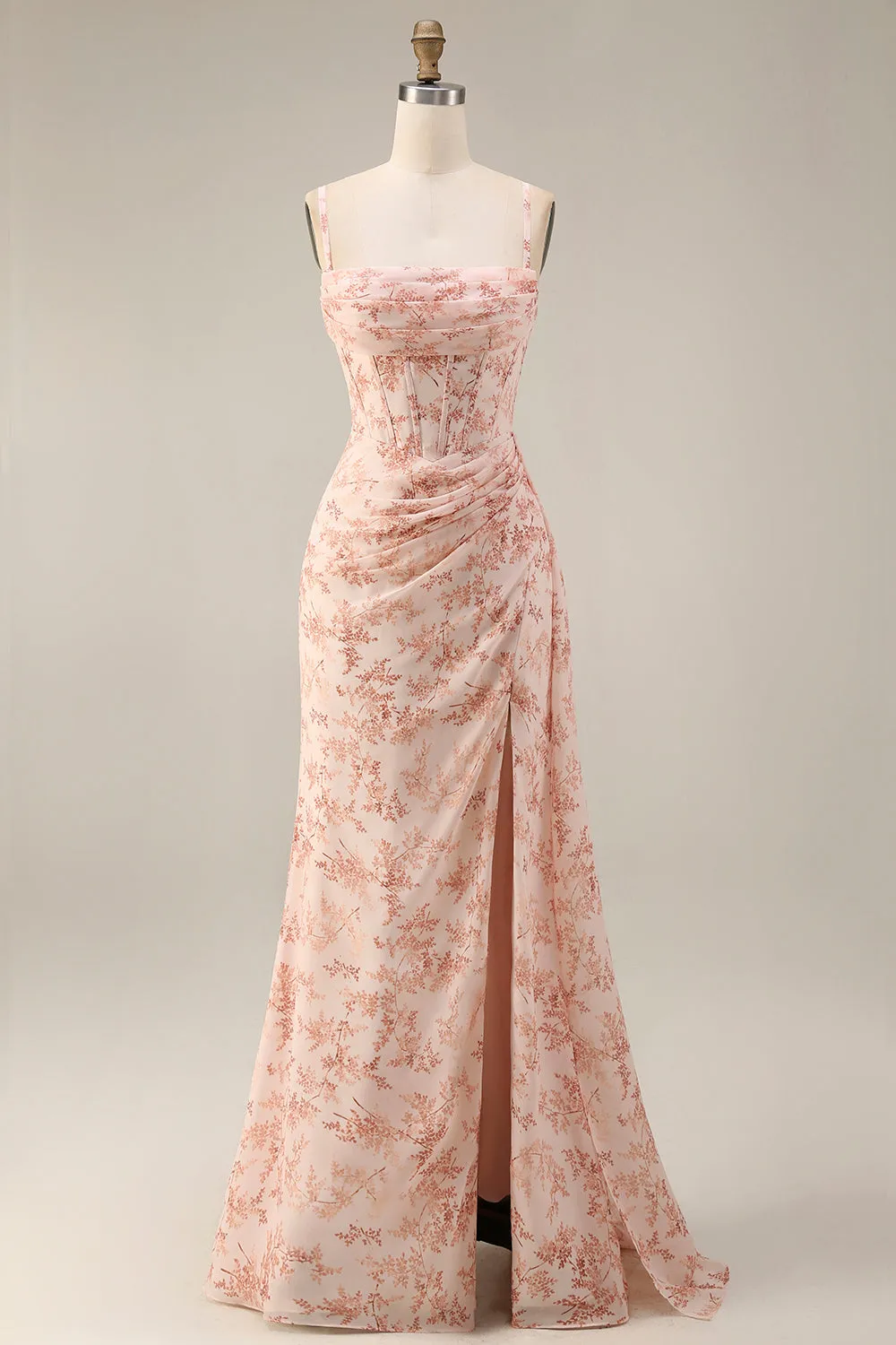 Pink Mermaid Corset Ruched Chiffon Long Floral Bridesmaid Dress with Slit sold by Zapaka