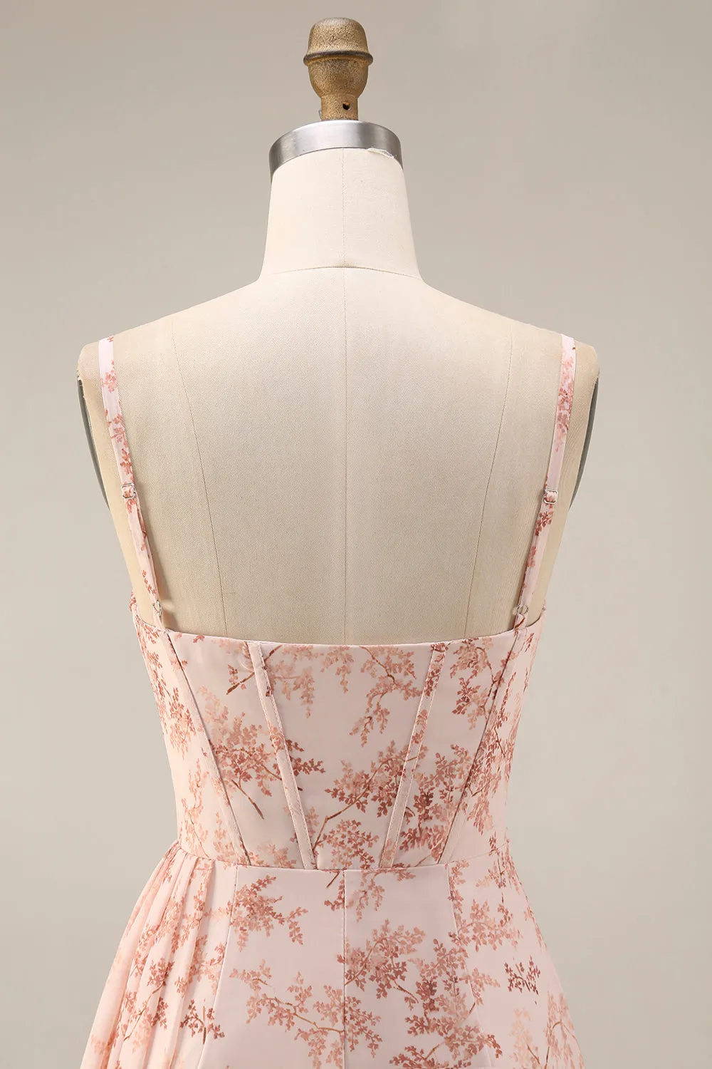 Pink Mermaid Corset Ruched Chiffon Long Floral Bridesmaid Dress with Slit sold by Zapaka product image thumbnail 5