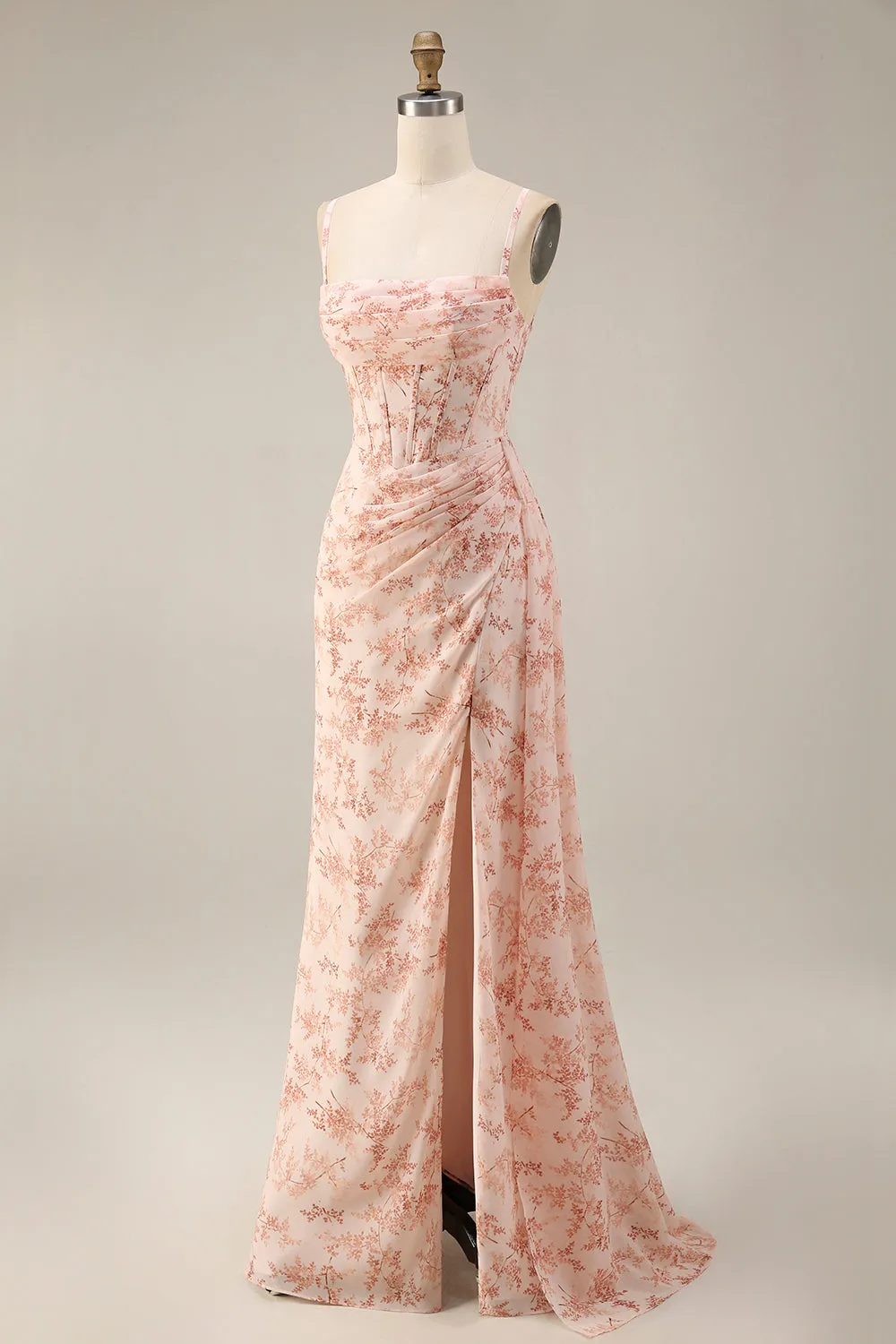 Pink Mermaid Corset Ruched Chiffon Long Floral Bridesmaid Dress with Slit sold by Zapaka product image thumbnail 3