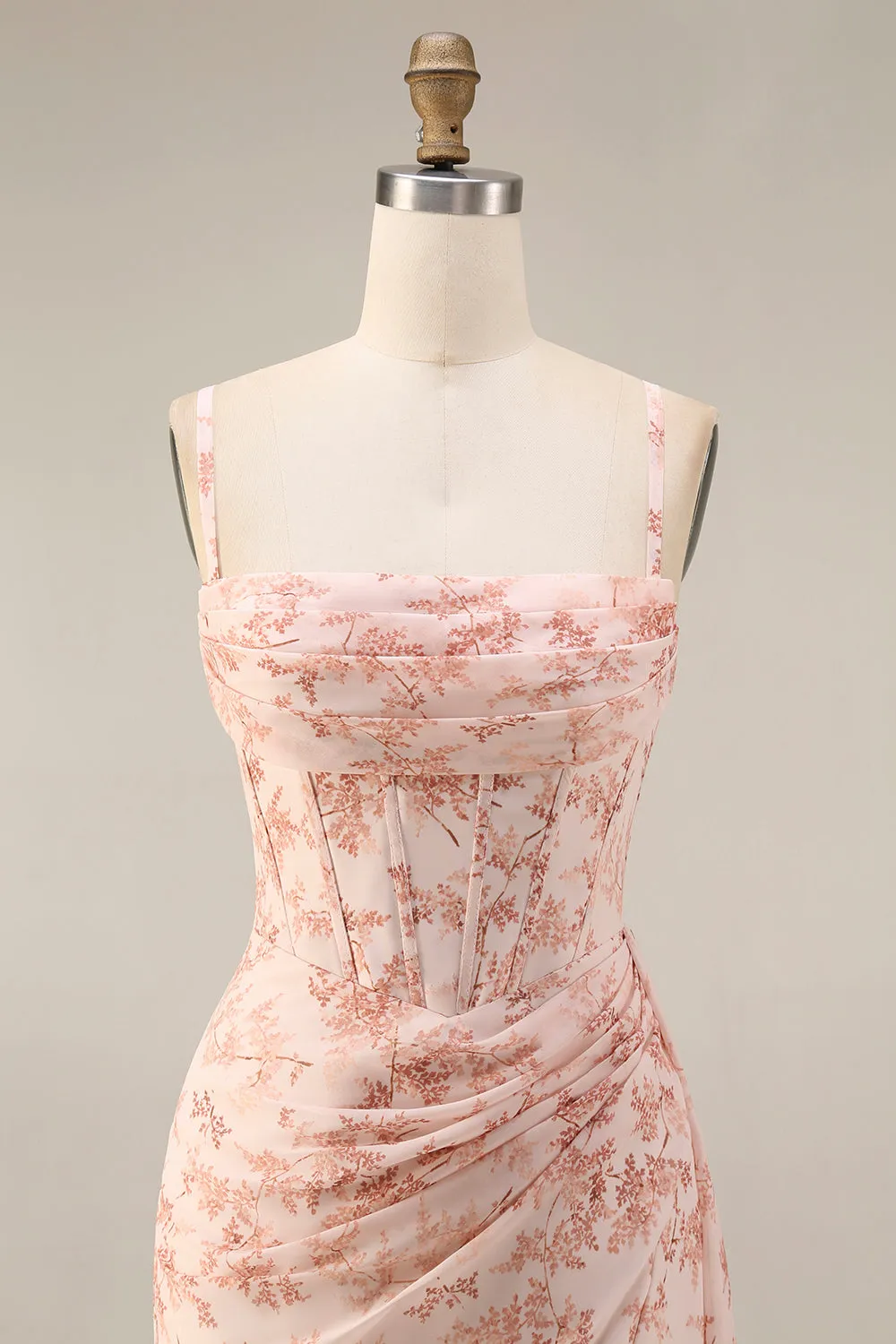 Pink Mermaid Corset Ruched Chiffon Long Floral Bridesmaid Dress with Slit sold by Zapaka product image thumbnail 4