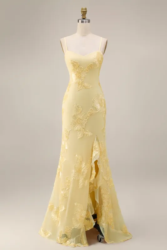 Sheath Floral Embroidery Yellow Long Prom Dress with Ruffle Slit made by Zapaka