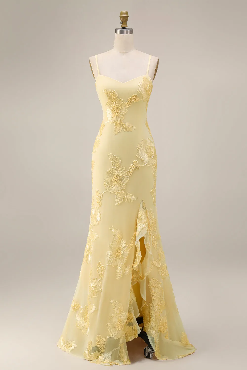 Sheath Floral Embroidery Yellow Long Prom Dress with Ruffle Slit sold by Zapaka