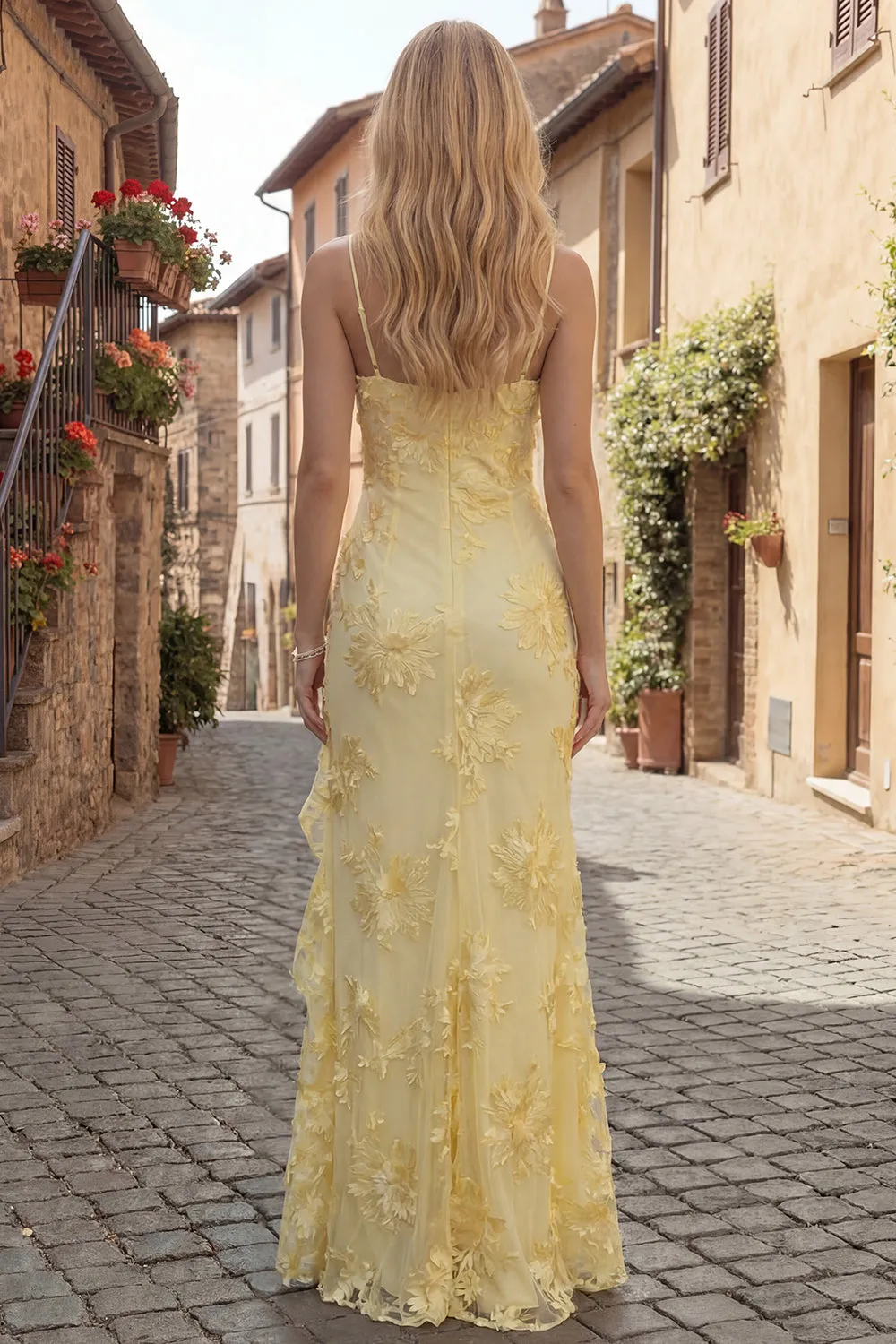 Sheath Floral Embroidery Yellow Long Prom Dress with Ruffle Slit sold by Zapaka product image thumbnail 4