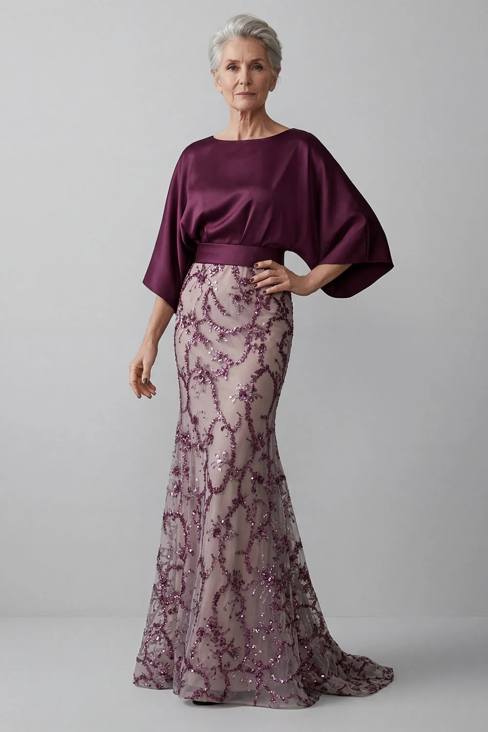 Sparkly Dark Purple Mermaid Sequin Long Boat Neck Mother of the Bride Dress sold by Zapaka product image thumbnail 3