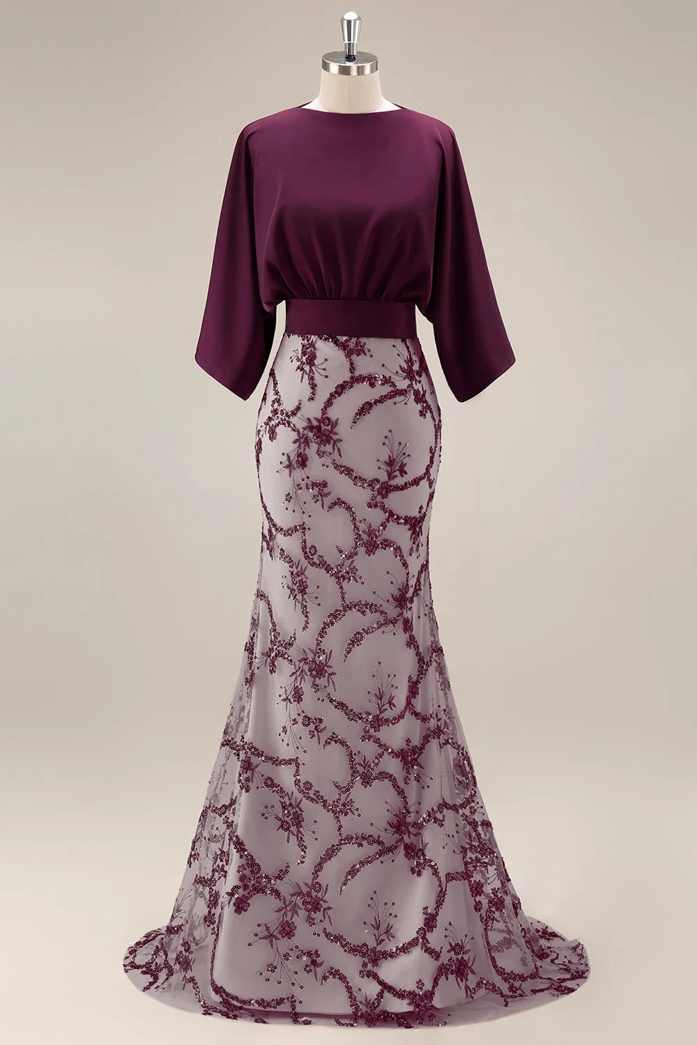 Sparkly Dark Purple Mermaid Sequin Long Boat Neck Mother of the Bride Dress sold by Zapaka