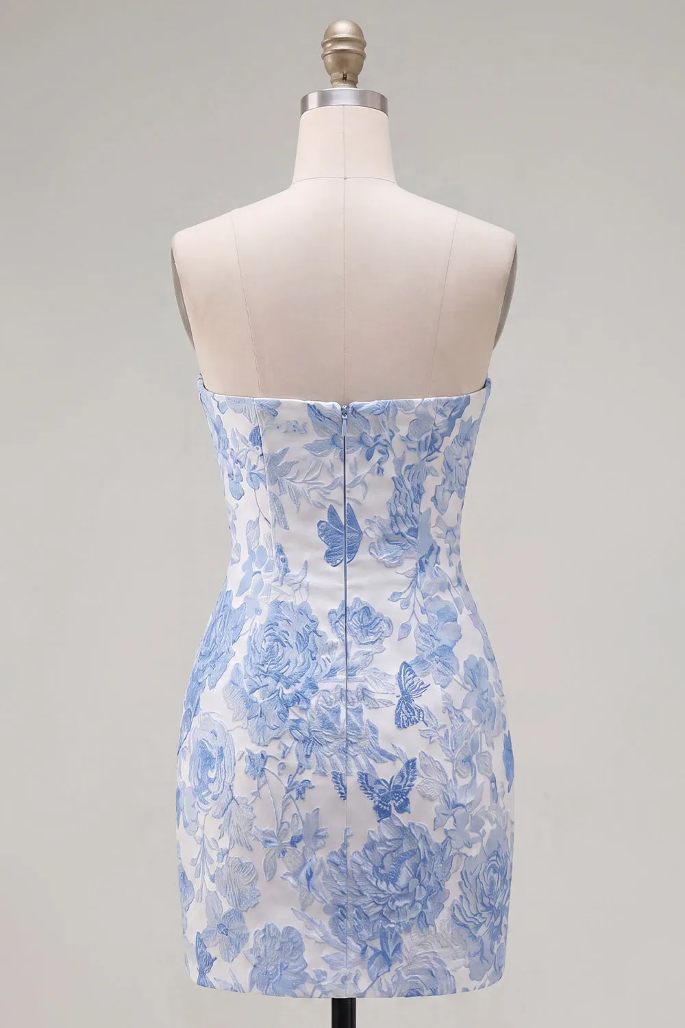 Blue Jacquard Sweetheart Bodycon Floral Homecoming Dress with Bow sold by Zapaka product image thumbnail 2