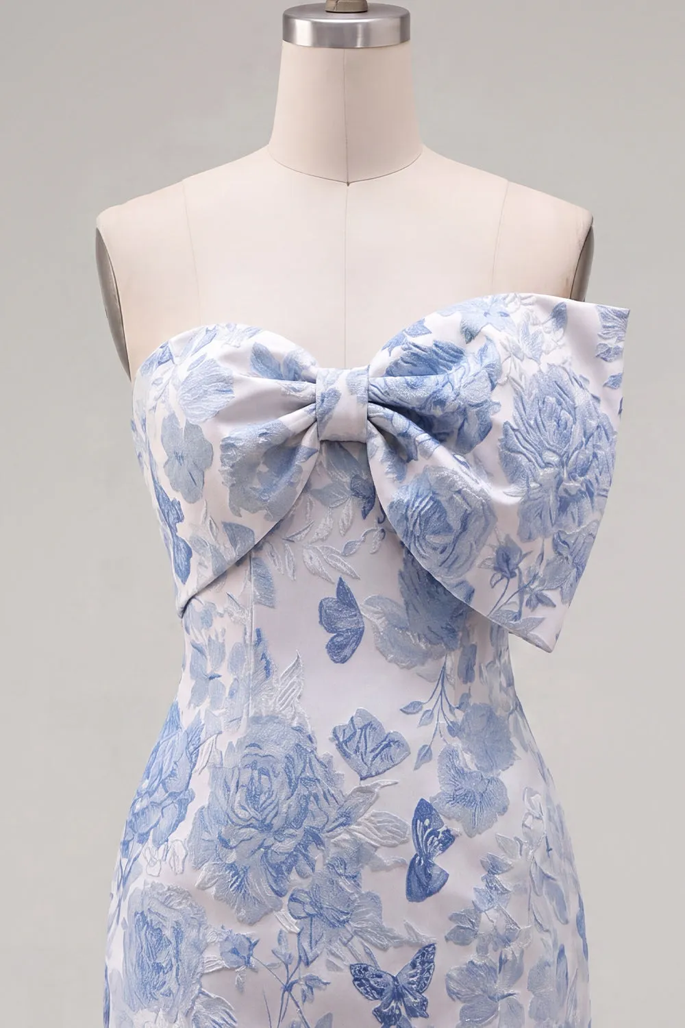 Blue Jacquard Sweetheart Bodycon Floral Homecoming Dress with Bow sold by Zapaka product image thumbnail 3