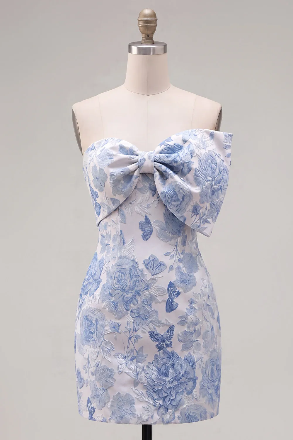 Blue Jacquard Sweetheart Bodycon Floral Homecoming Dress with Bow sold by Zapaka