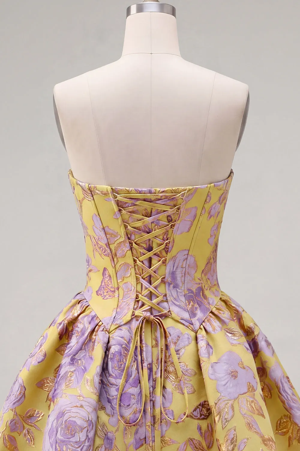 A-Line Yellow Strapless Ruched Jacquard Floral Homecoming Dress sold by Zapaka product image thumbnail 4