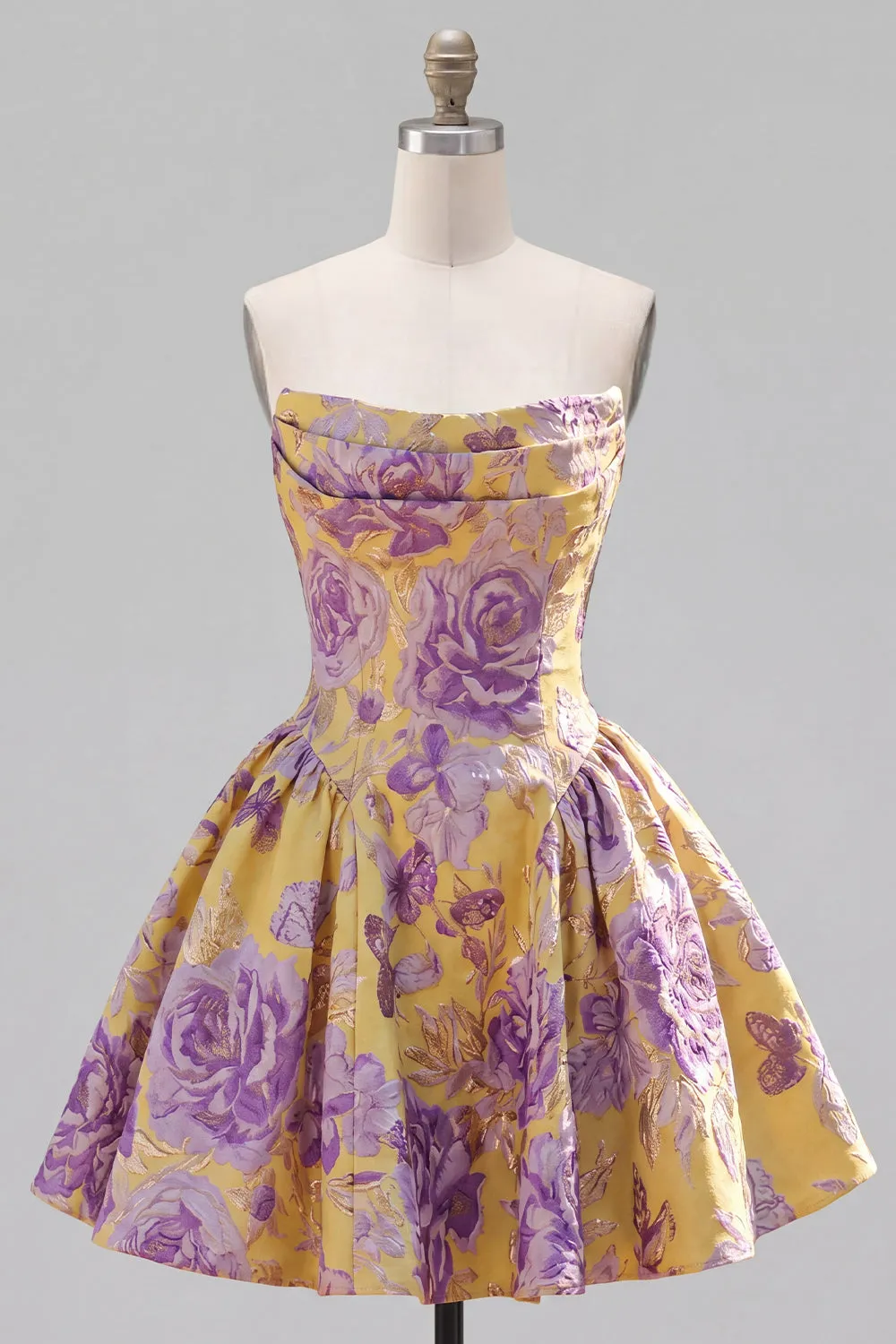 A-Line Yellow Strapless Ruched Jacquard Floral Homecoming Dress sold by Zapaka