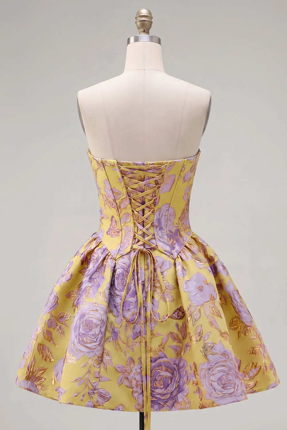 A-Line Yellow Strapless Ruched Jacquard Floral Homecoming Dress sold by Zapaka product image thumbnail 2