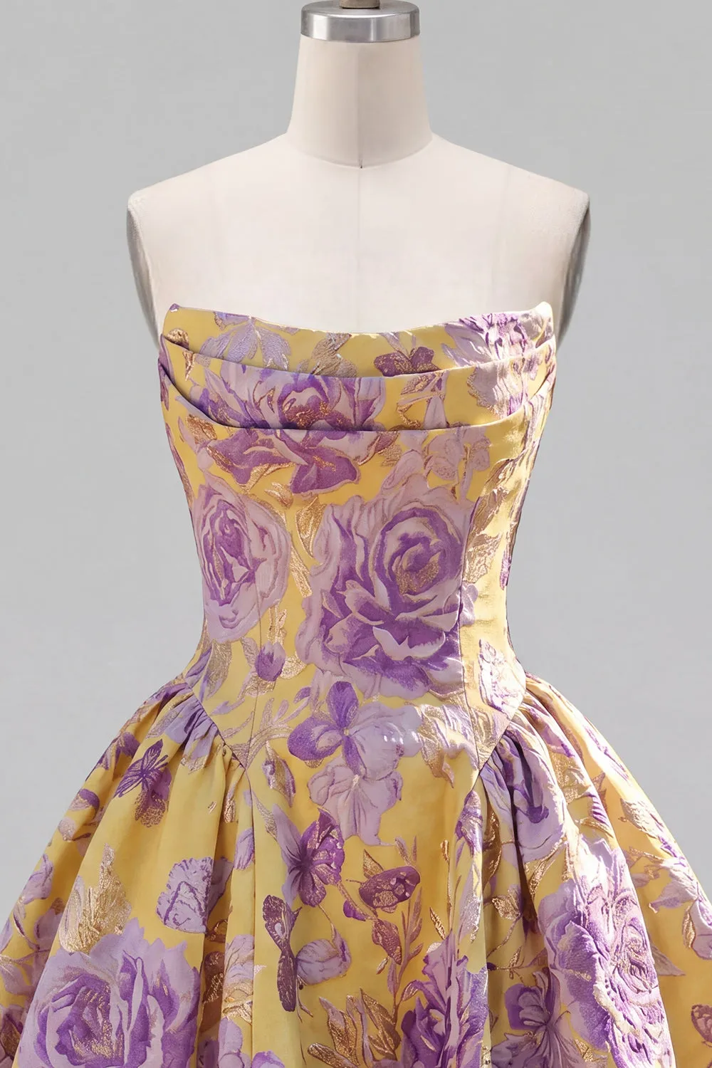 A-Line Yellow Strapless Ruched Jacquard Floral Homecoming Dress sold by Zapaka product image thumbnail 3