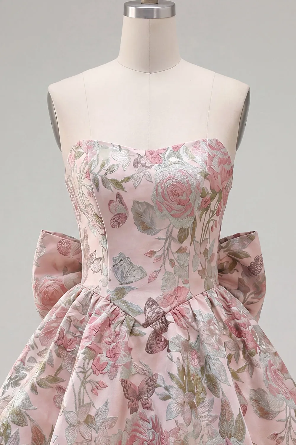 A-Line Pink Sweetheart Jacquard Floral Homecoming Dress with Bow sold by Zapaka product image thumbnail 3
