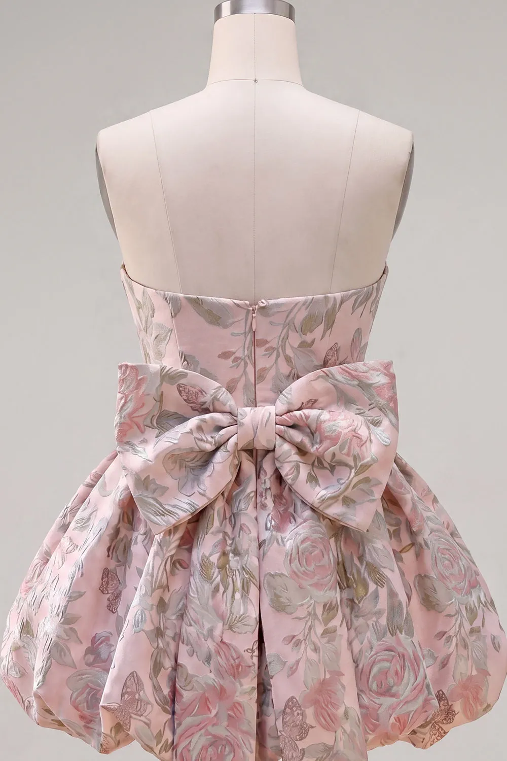 A-Line Pink Sweetheart Jacquard Floral Homecoming Dress with Bow sold by Zapaka product image thumbnail 4