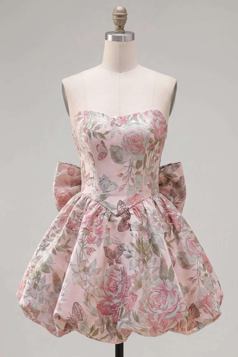 A-Line Pink Sweetheart Jacquard Floral Homecoming Dress with Bow sold by Zapaka