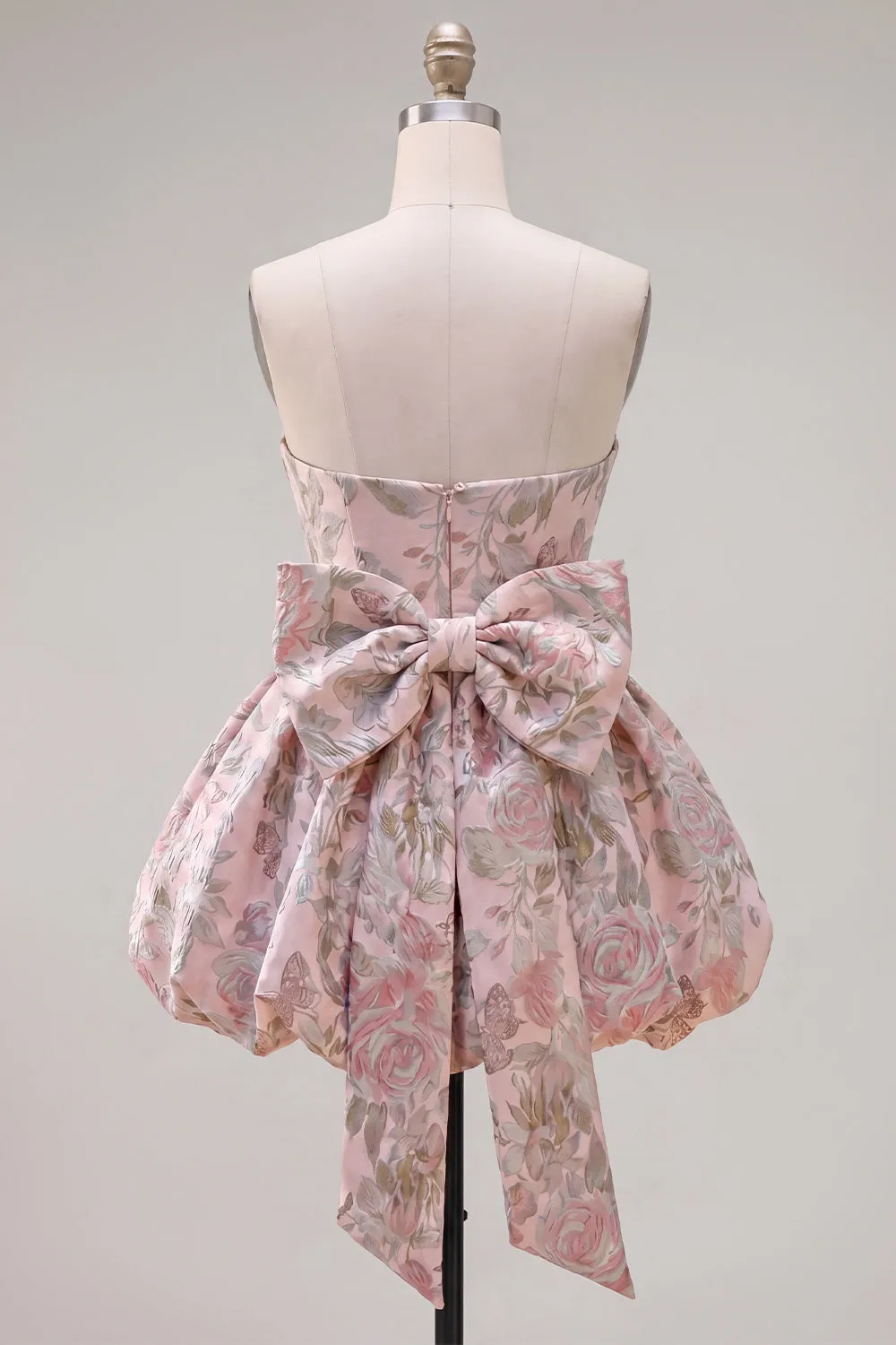 A-Line Pink Sweetheart Jacquard Floral Homecoming Dress with Bow sold by Zapaka product image thumbnail 2