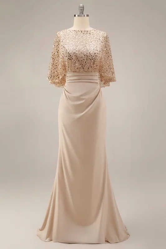 Sparkly Champagne Long Mermaid Sequins Mother of the Bride Dress with Pockets made by Zapaka
