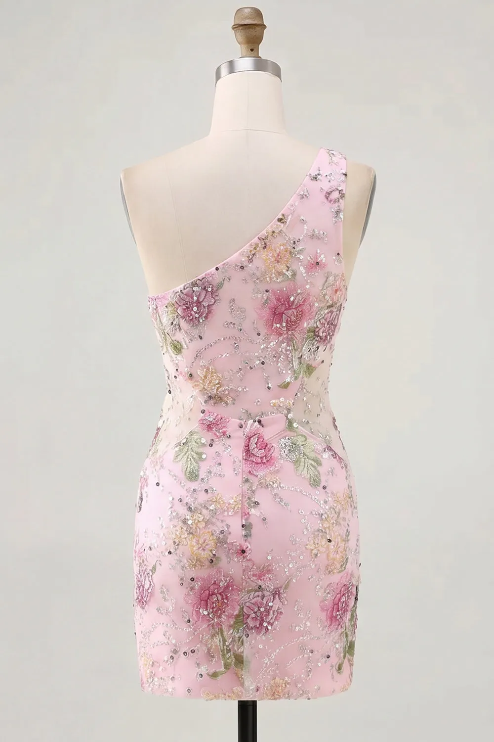 One Shoulder Sequin Pink Floral Bodycon Homecoming Dress sold by Zapaka product image thumbnail 4
