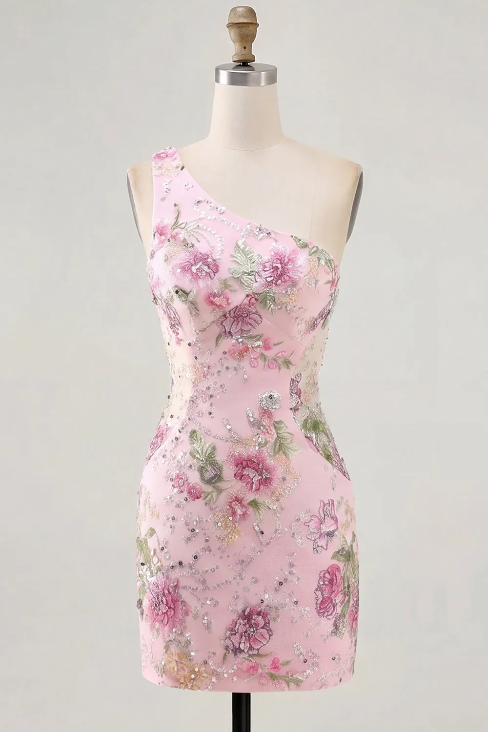 One Shoulder Sequin Pink Floral Bodycon Homecoming Dress sold by Zapaka product image thumbnail 3