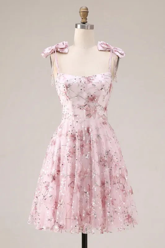 Floral Pink Sequin A Line Homecoming Dress made by Zapaka