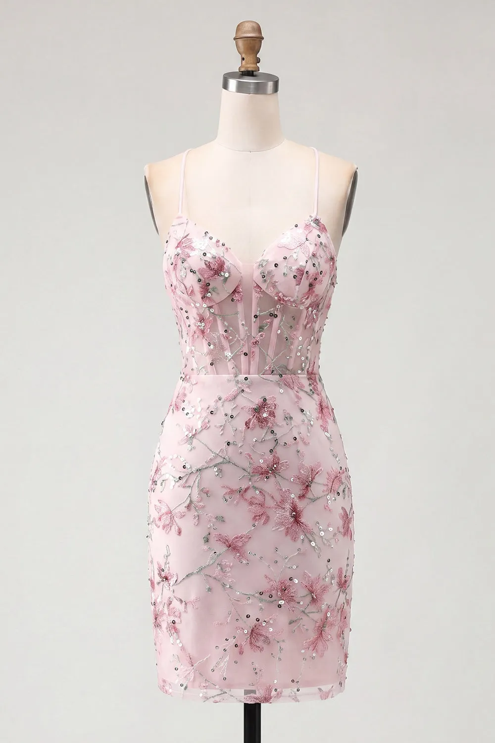 Pink Floral Corset Sequin Bodycon Homecoming Dress sold by Zapaka