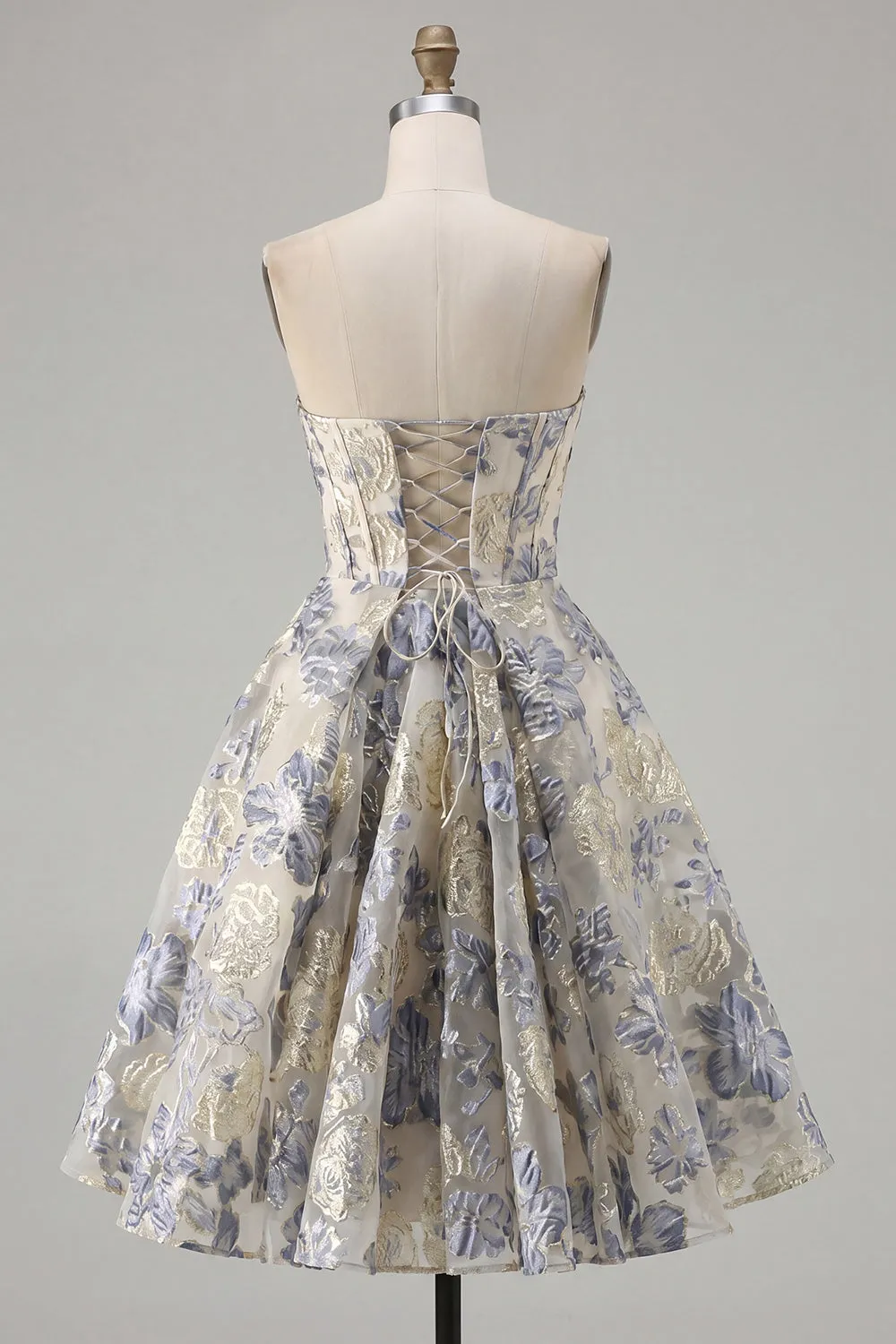 Dusty Blue A Line Corset Strapless Floral Short Homecoming Dress sold by Zapaka product image thumbnail 2